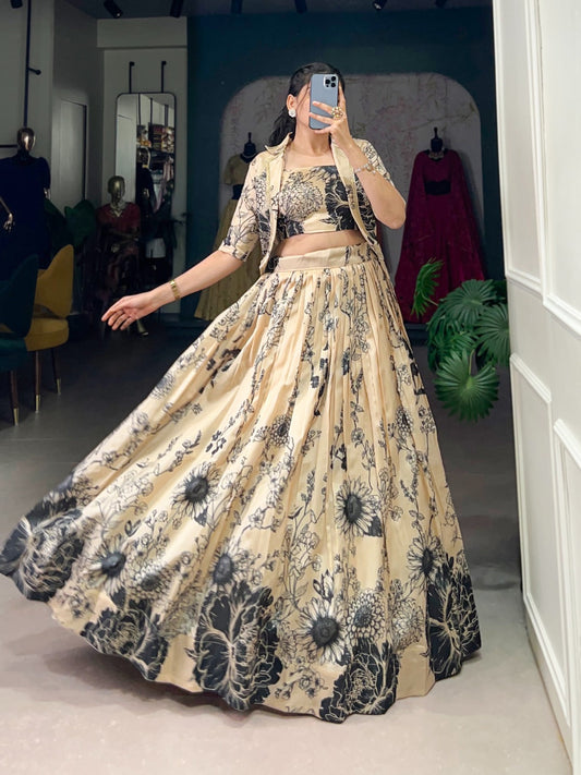 Exquisite Tussar Silk Floral Printed Lehenga Choli Koti Set - Ethnicwish