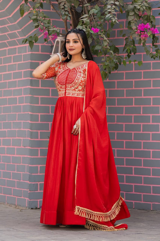Elegant Pure Chinon Bandhej Gown with Heavy Sequence Embroidery Work - ETHNICDEAL