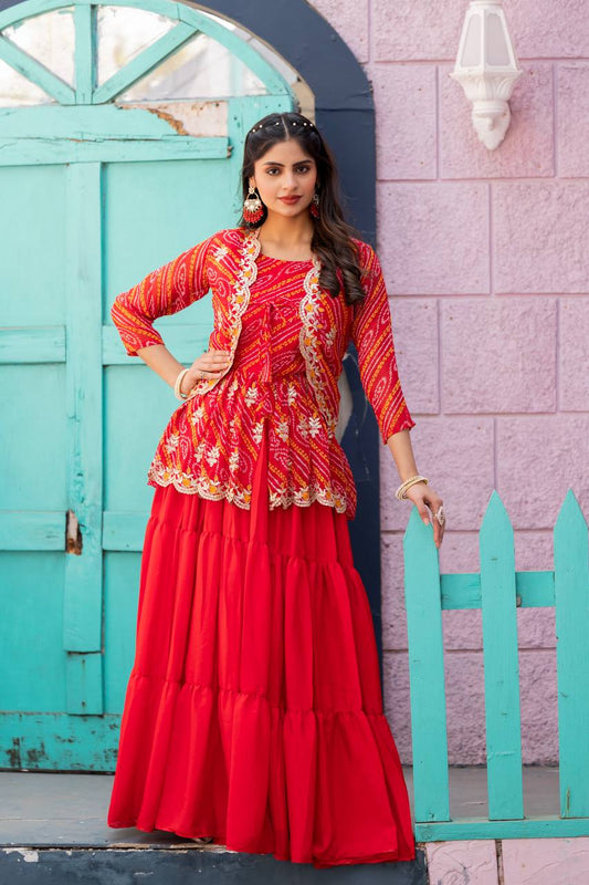 Elegant Bandhej Crop Top Lehenga & Jacket Set – A Perfect Fusion of Tradition & Style - ETHNICDEAL