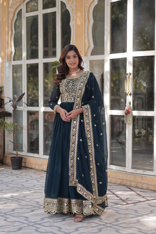 Elegant Faux Georgette Embroidered Gown With Dupatta - ETHNICDEAL