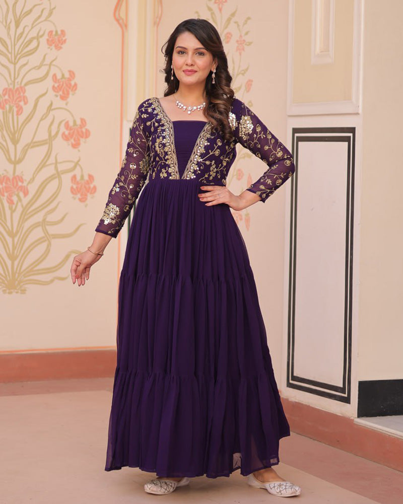 Elegant Purple Floor-Length Gown With Golden Threadwork - ETHNICDEAL