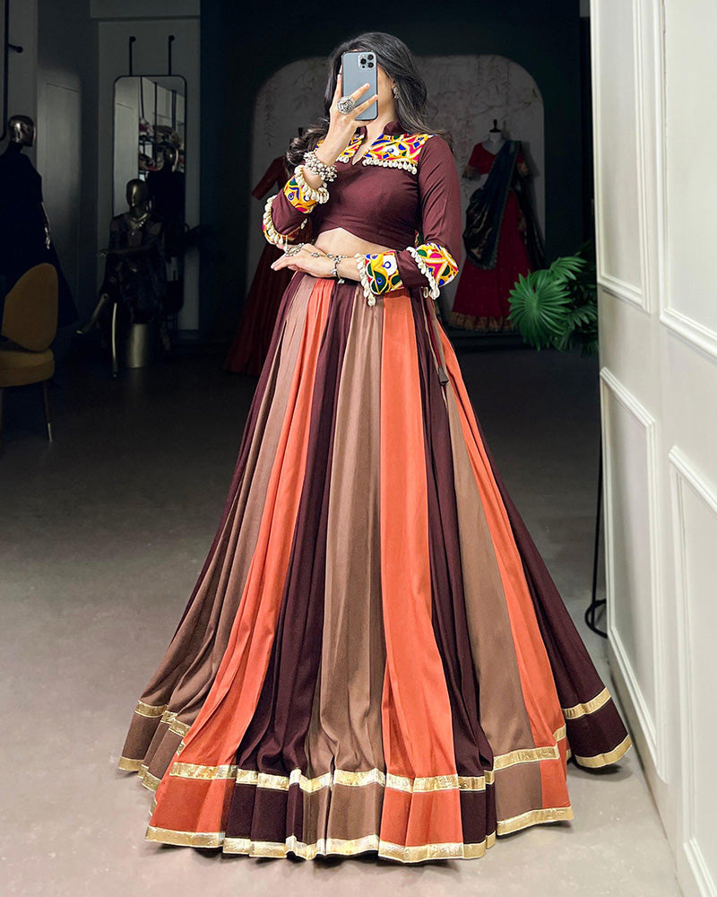 Multi Brown Color Pure Rayon Navratri Lehenga Choli - ETHNICDEAL