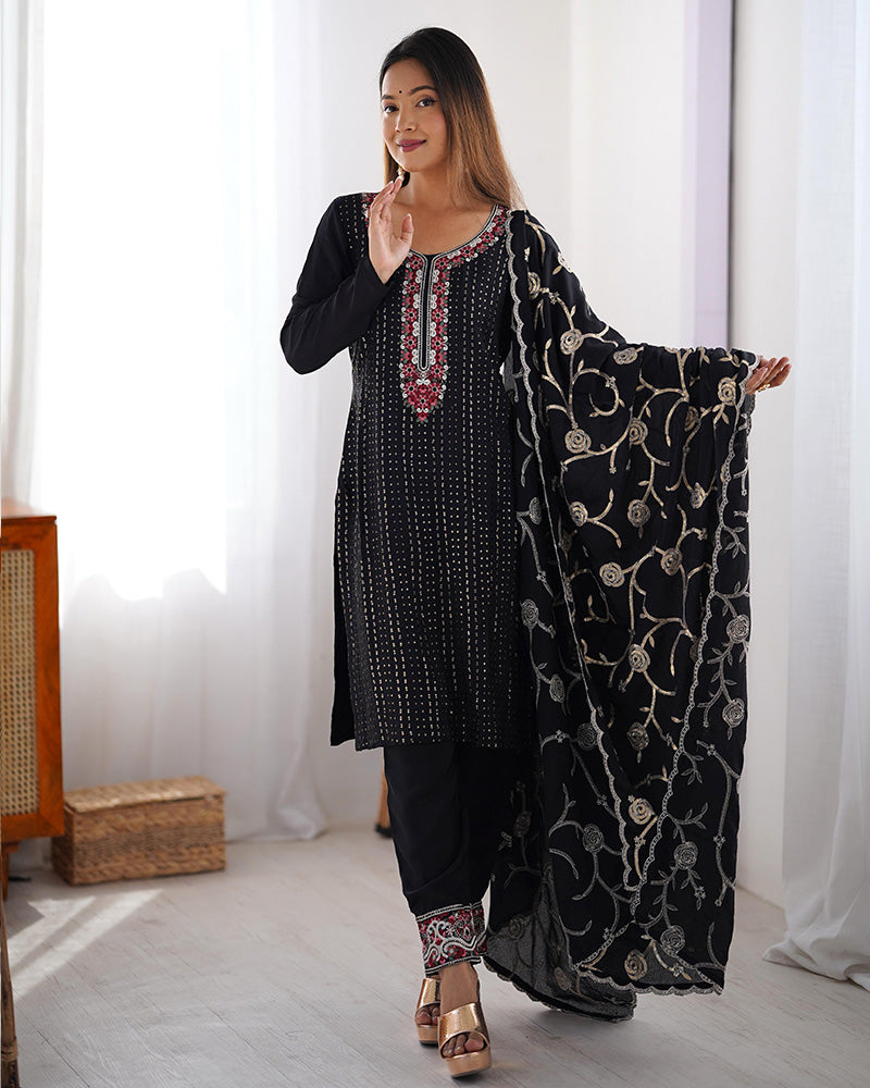 Black Color Chinon Silk Three Piece Kurti Suit - ETHNICDEAL