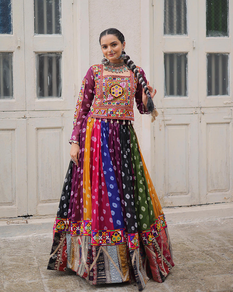 Multi Color Georgette Bandhani Print Navratri Lehenga Choli - ETHNICDEAL