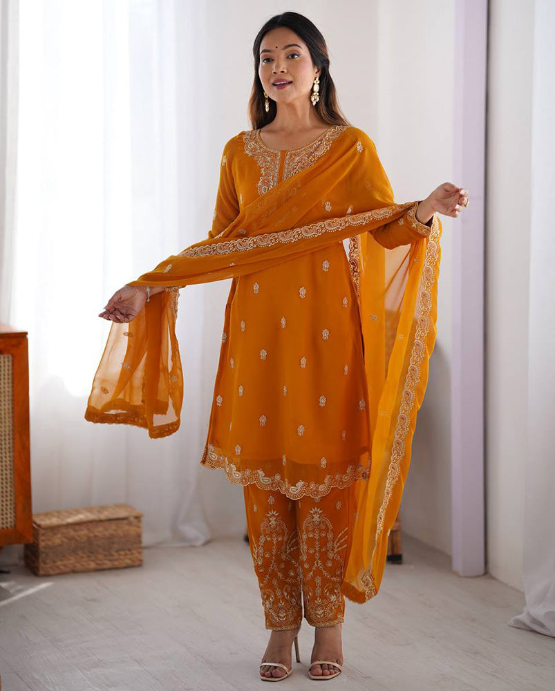 Yellow Color Faux Georgette Three Piece Kurti Suit - ETHNICDEAL