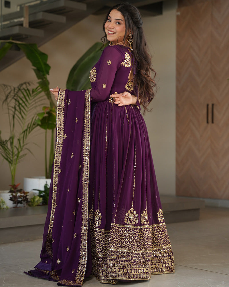 Royal Purple Color Designer Golden Embroidered Gown - ETHNICDEAL