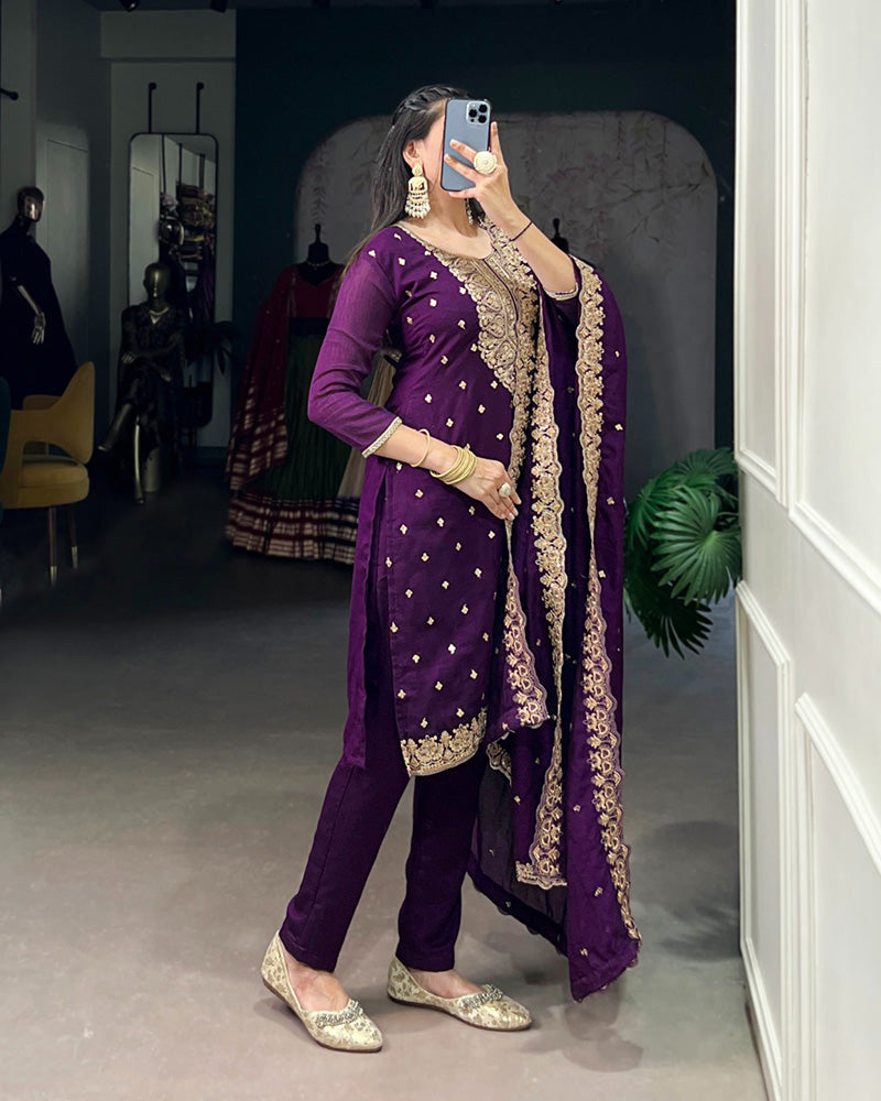 Purple Color Vichitra Silk Embroidered Three Piece Kurti Suit - ETHNICDEAL