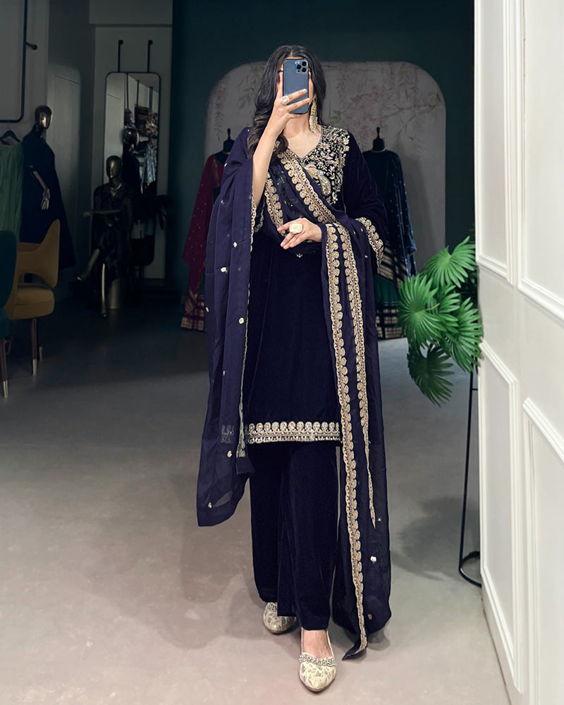 Navy Blue Color Velvet Three Piece Kurti Suit - ETHNICDEAL
