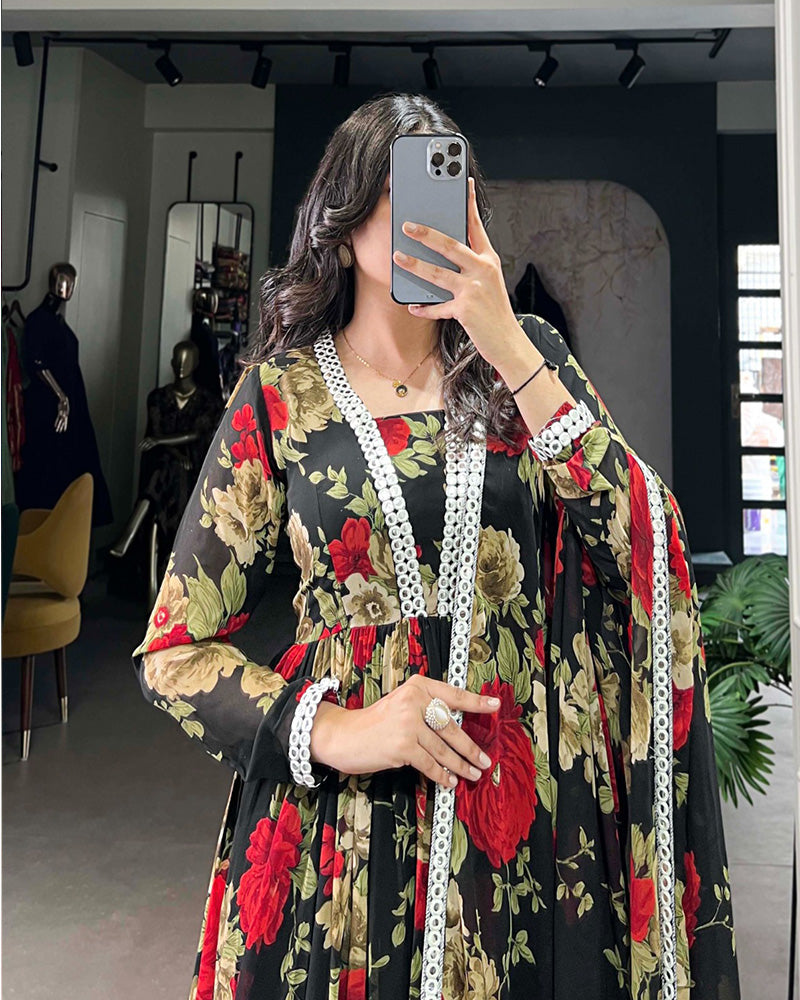 Black And Red Color Floral printed Georgette Gown - ETHNICDEAL