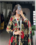 Black And Red Color Floral printed Georgette Gown - ETHNICDEAL