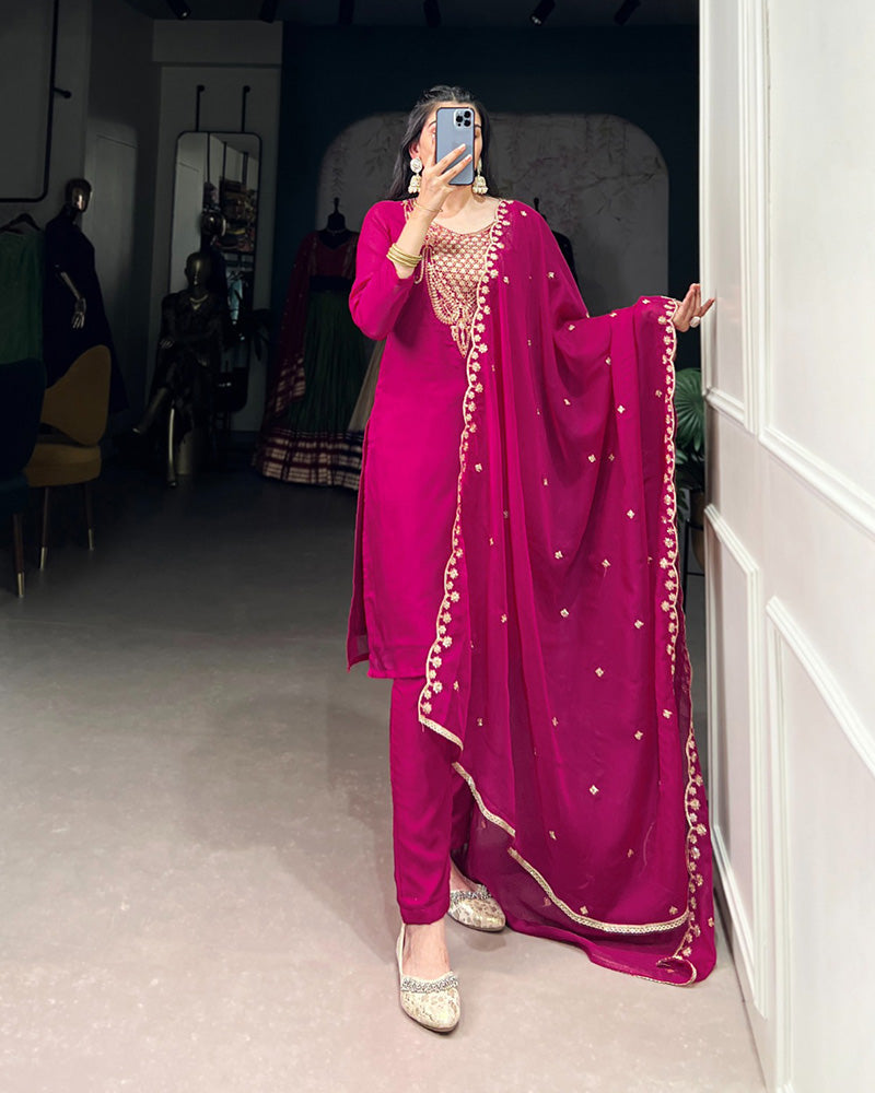 Pink Color Organza Three Piece Kurti Suit - ETHNICDEAL