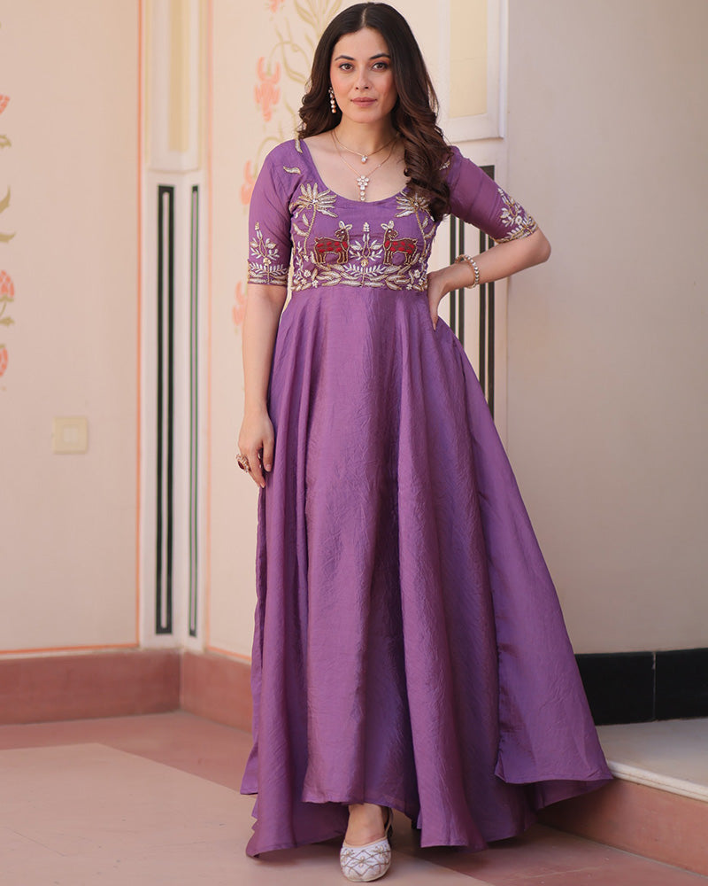 Lavender Color Gold Crush Embroidered Work Gown - ETHNICDEAL