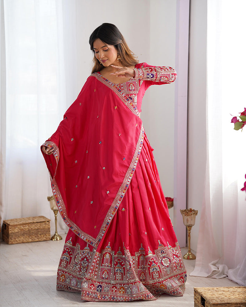 Tomato Color Natural Crepe Silk Lehenga Choli - ETHNICDEAL