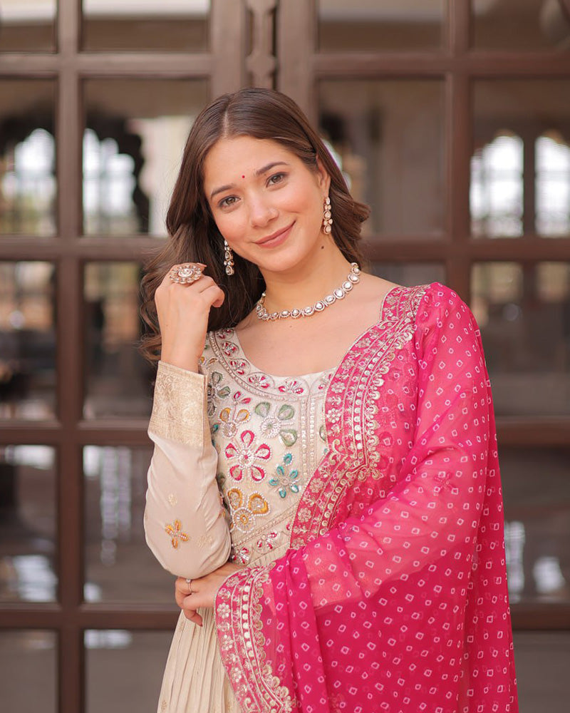 Off-White Color Jacquard Gown With Pink Dupatta - ETHNICDEAL