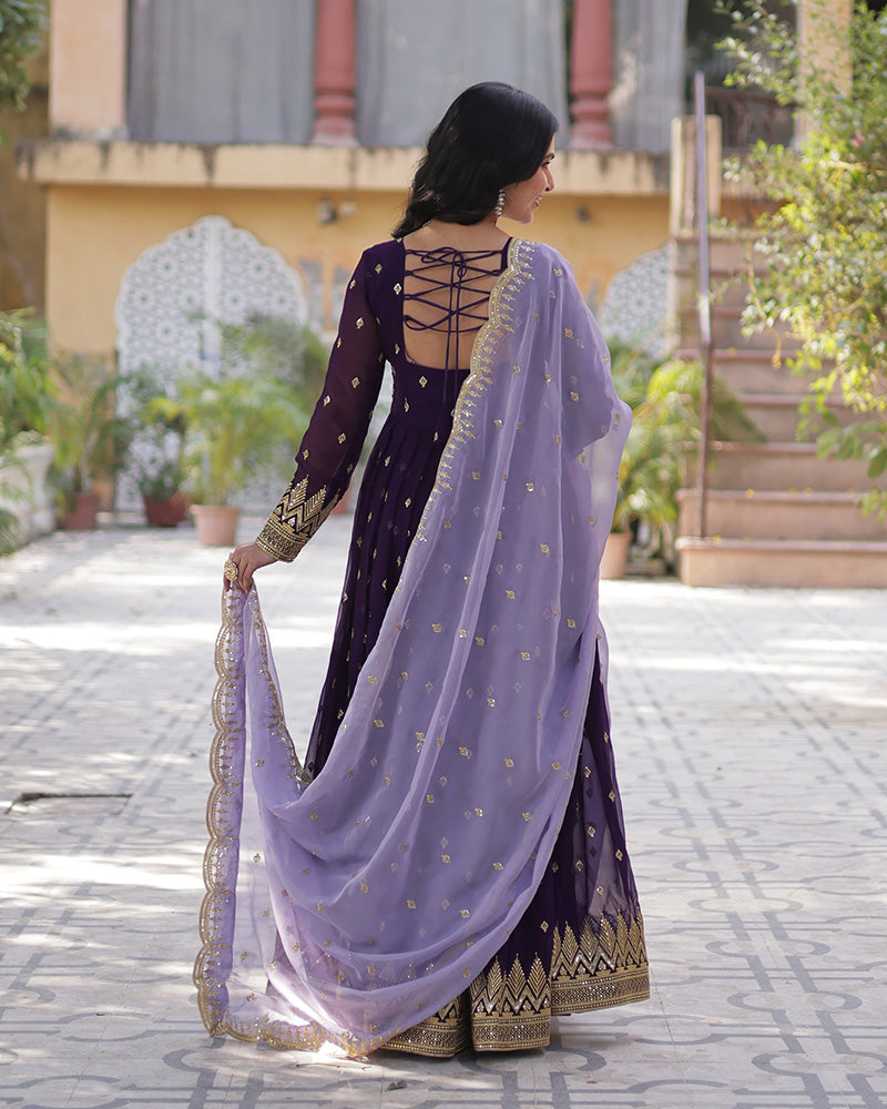 Dark Purple Color Floor Length Gown With Embroidered Dupatta - ETHNICDEAL
