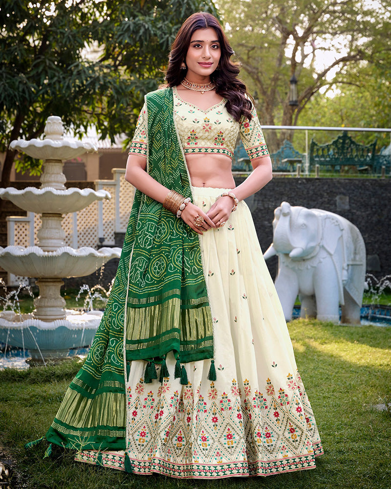 Square Shape Off-White Color Cotton Lehenga Choli - ETHNICDEAL