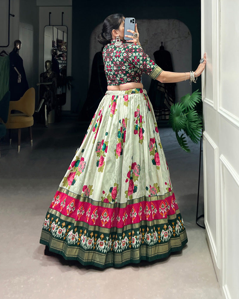 Green Color Tussar Silk Patola Printed Lehenga Choli - ETHNICDEAL