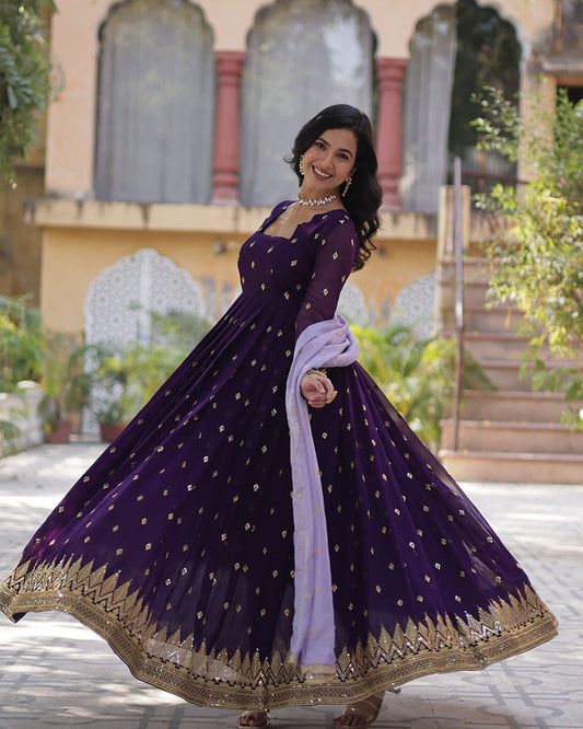 Dark Purple Color Floor Length Gown With Embroidered Dupatta - ETHNICDEAL