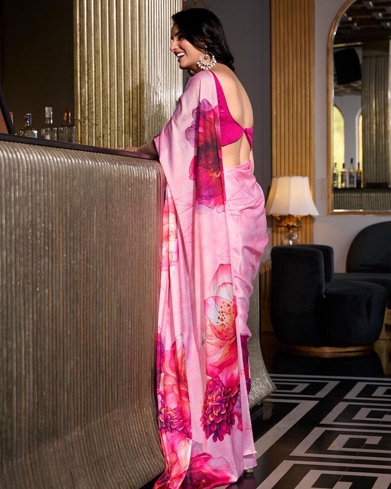 Light Pink Color Satin Silk Printed Saree - ETHNICDEAL