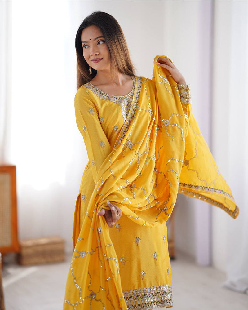 Yellow Color Chinon Silk Embroidered Three Piece Kurti Suit - ETHNICDEAL