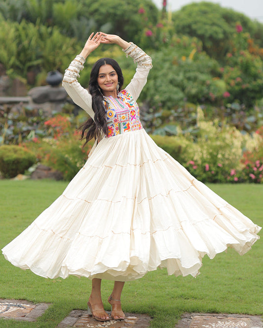 Off-White Color Kora Cotton Multi Threaded Navratri Gown - ETHNICDEAL
