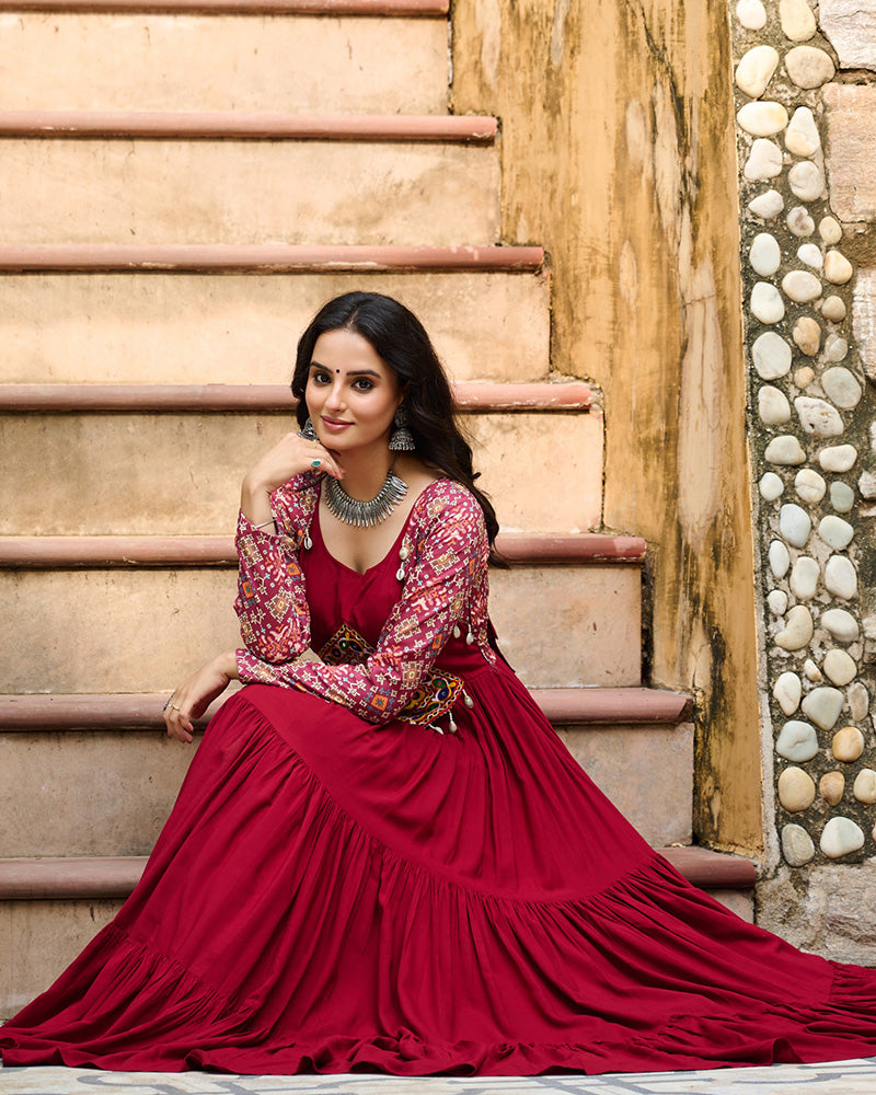 Classic Maroon Mirror Embroidered Rayon Gown For Navratri - ETHNICDEAL