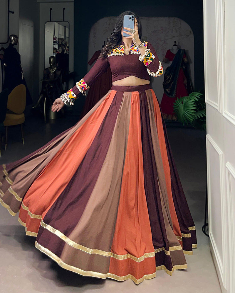 Multi Brown Color Pure Rayon Navratri Lehenga Choli - ETHNICDEAL