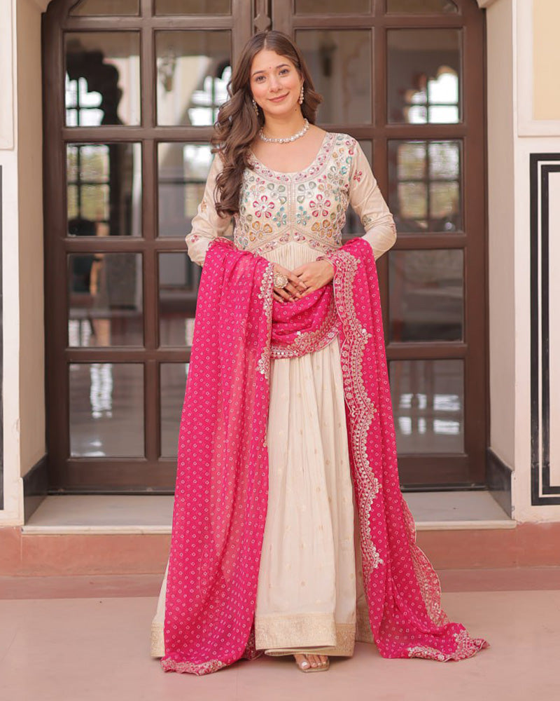 Off-White Color Jacquard Gown With Pink Dupatta - ETHNICDEAL