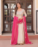 Off-White Color Jacquard Gown With Pink Dupatta - ETHNICDEAL
