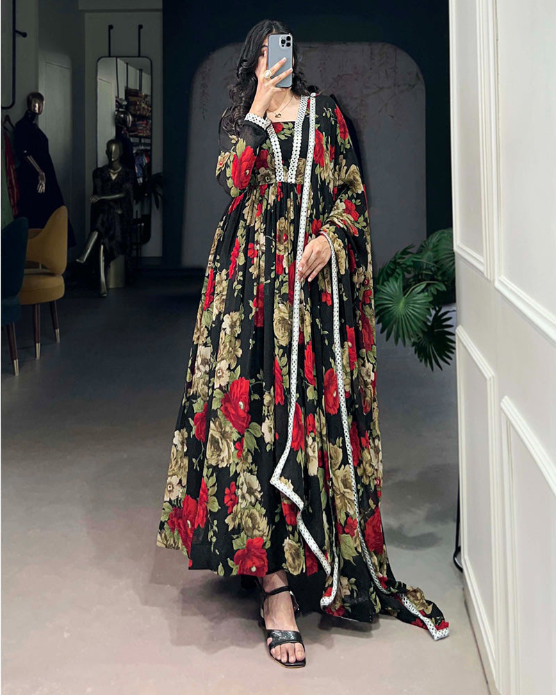 Black And Red Color Floral printed Georgette Gown - ETHNICDEAL