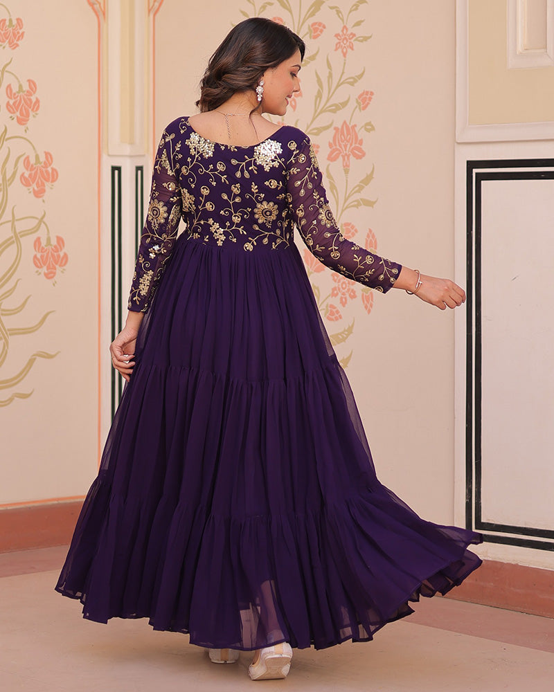 Elegant Purple Floor-Length Gown With Golden Threadwork - ETHNICDEAL