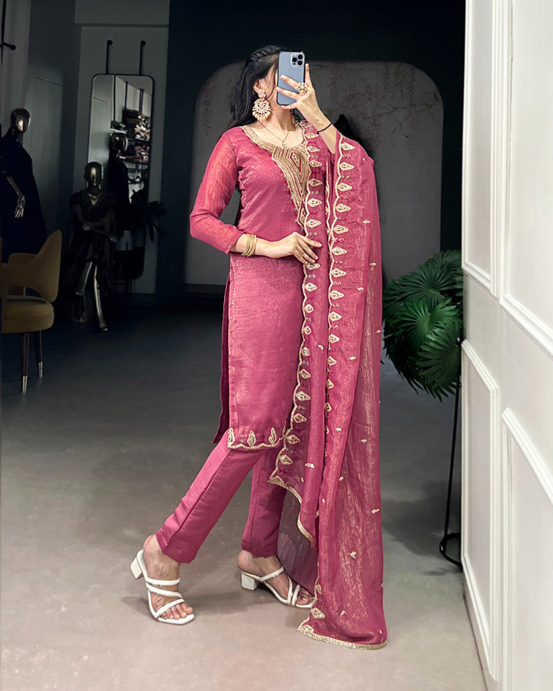 Pink Color Silver Glory Three Piece Kurti Suit - ETHNICDEAL