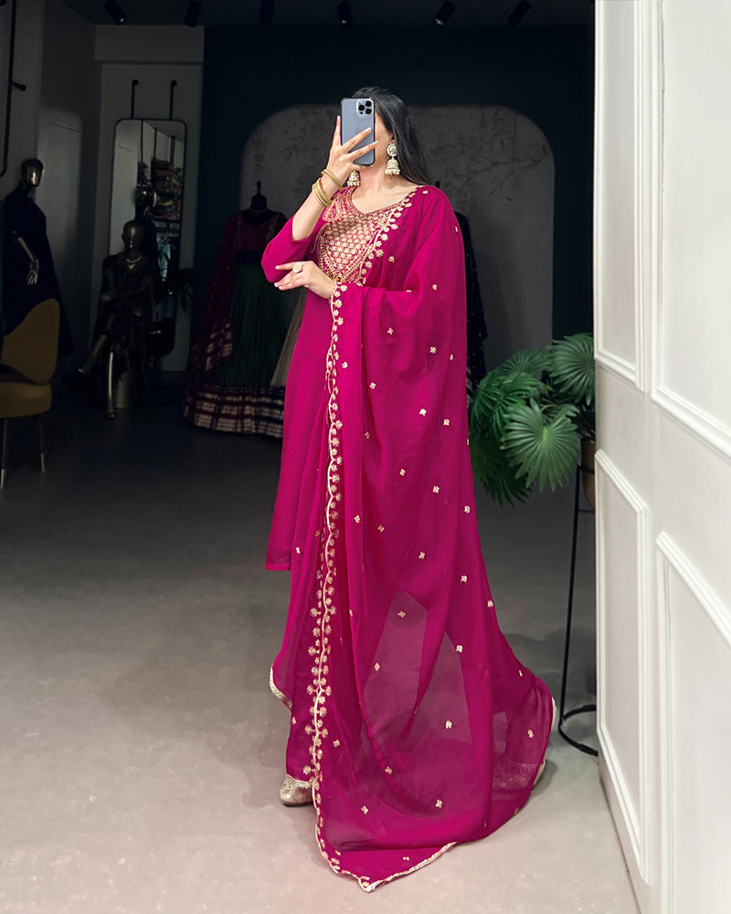 Pink Color Organza Three Piece Kurti Suit - ETHNICDEAL