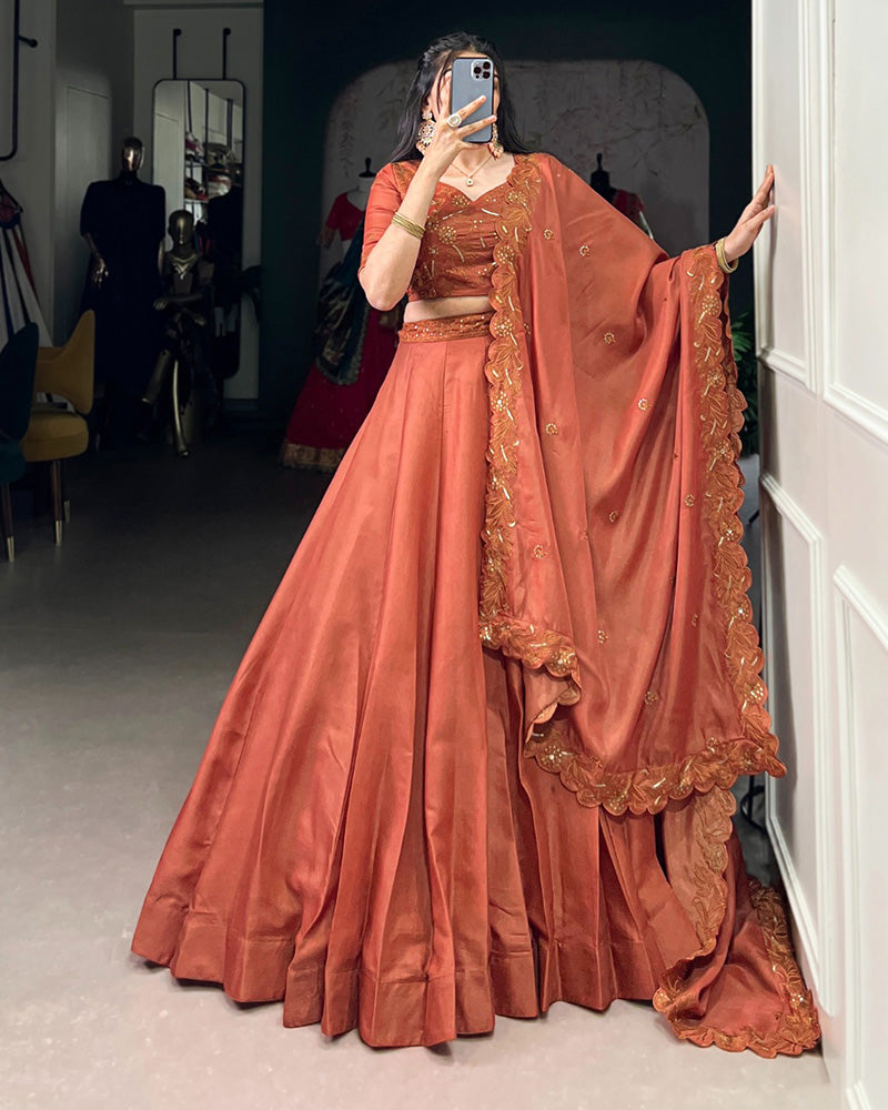 Rust Orange Color Korean Tussar Silk Lehenga Choli - ETHNICDEAL
