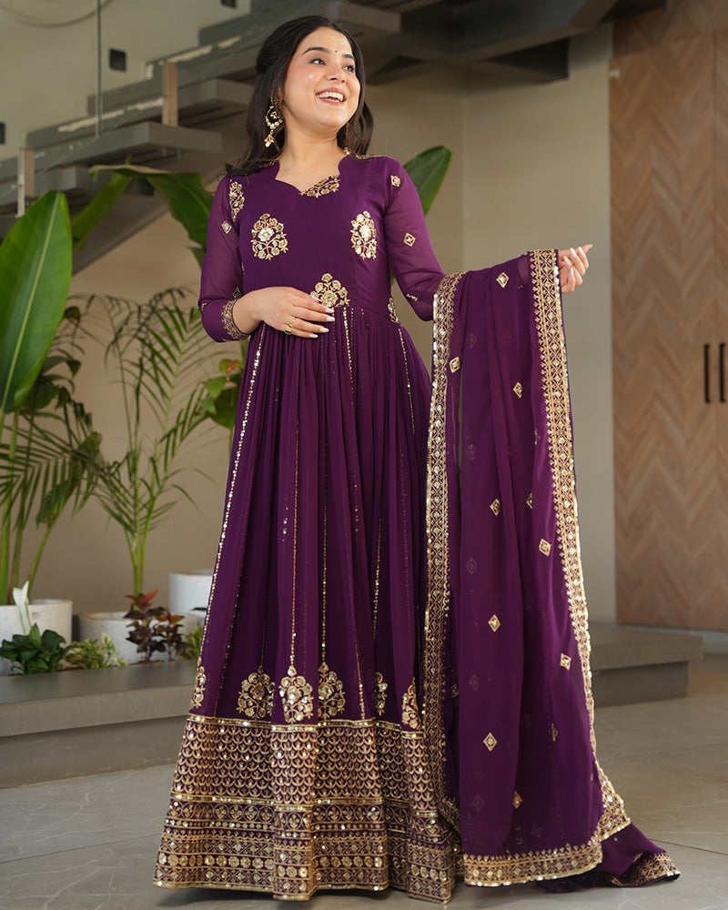 Royal Purple Color Designer Golden Embroidered Gown - ETHNICDEAL