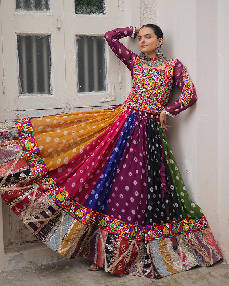 Multi Color Georgette Bandhani Print Navratri Lehenga Choli - ETHNICDEAL