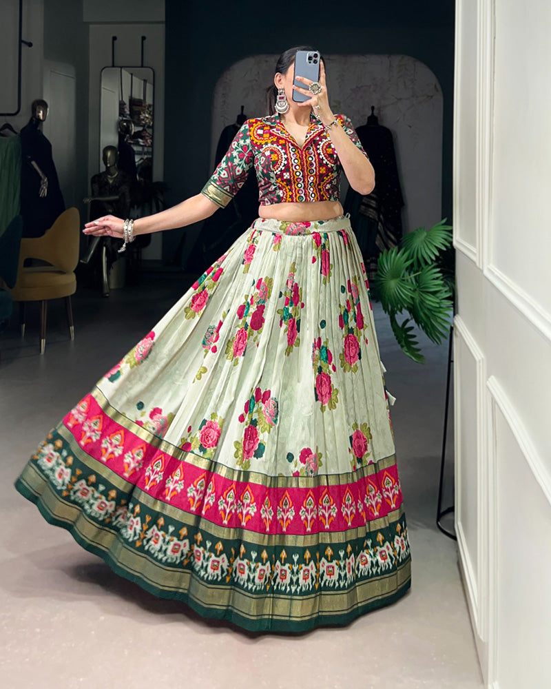 Green Color Tussar Silk Patola Printed Lehenga Choli - ETHNICDEAL