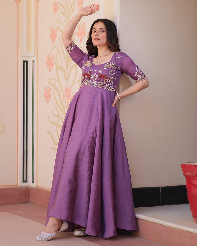 Lavender Color Gold Crush Embroidered Work Gown - ETHNICDEAL