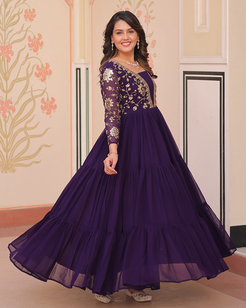 Elegant Purple Floor-Length Gown With Golden Threadwork - ETHNICDEAL