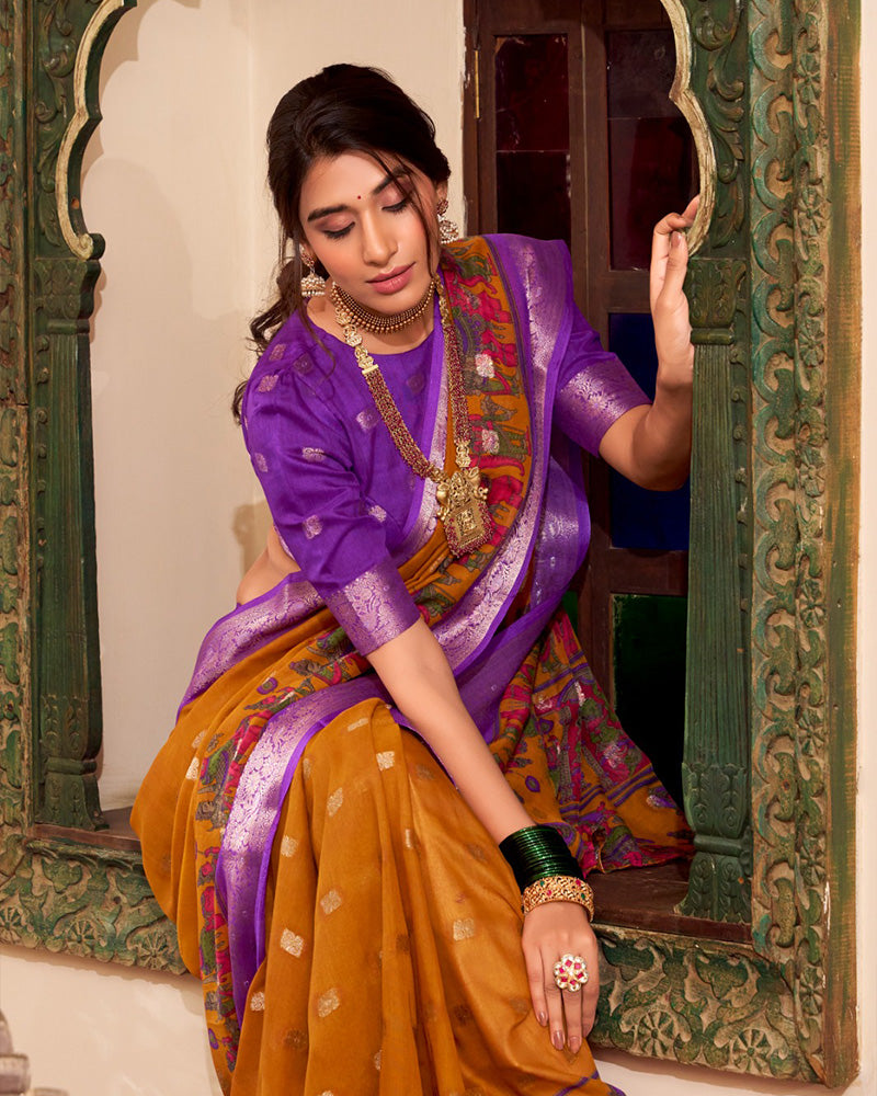 Mustard Color Poly Cotton Kalamkari Print With Zari Work saree - ETHNICDEAL