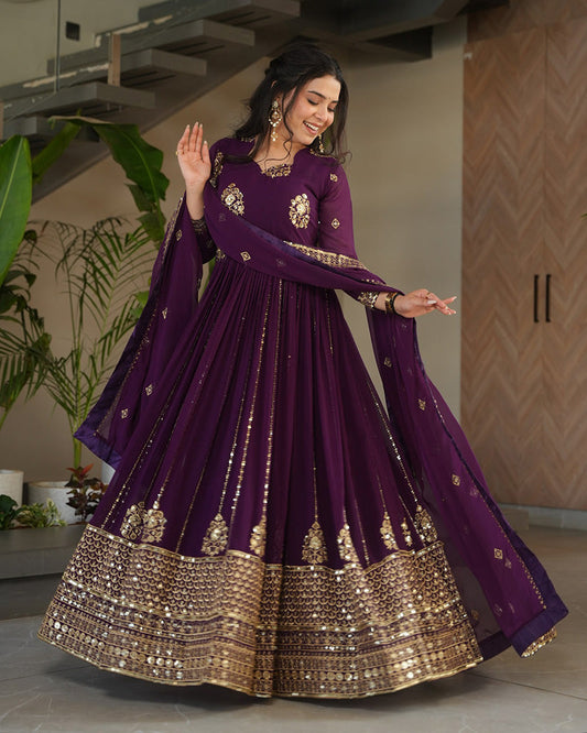 Royal Purple Color Designer Golden Embroidered Gown - ETHNICDEAL