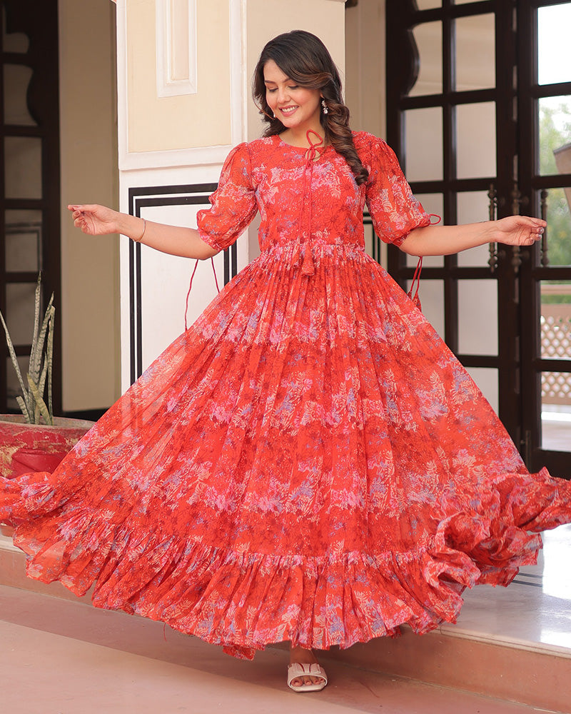 Orange Color Georgette Printed Gown - ETHNICDEAL