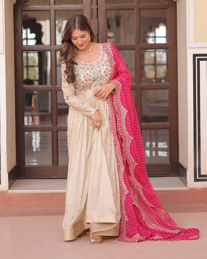 Off-White Color Jacquard Gown With Pink Dupatta - ETHNICDEAL