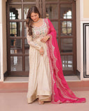 Off-White Color Jacquard Gown With Pink Dupatta - ETHNICDEAL