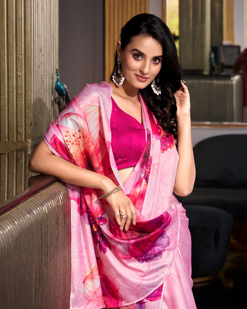 Light Pink Color Satin Silk Printed Saree - ETHNICDEAL