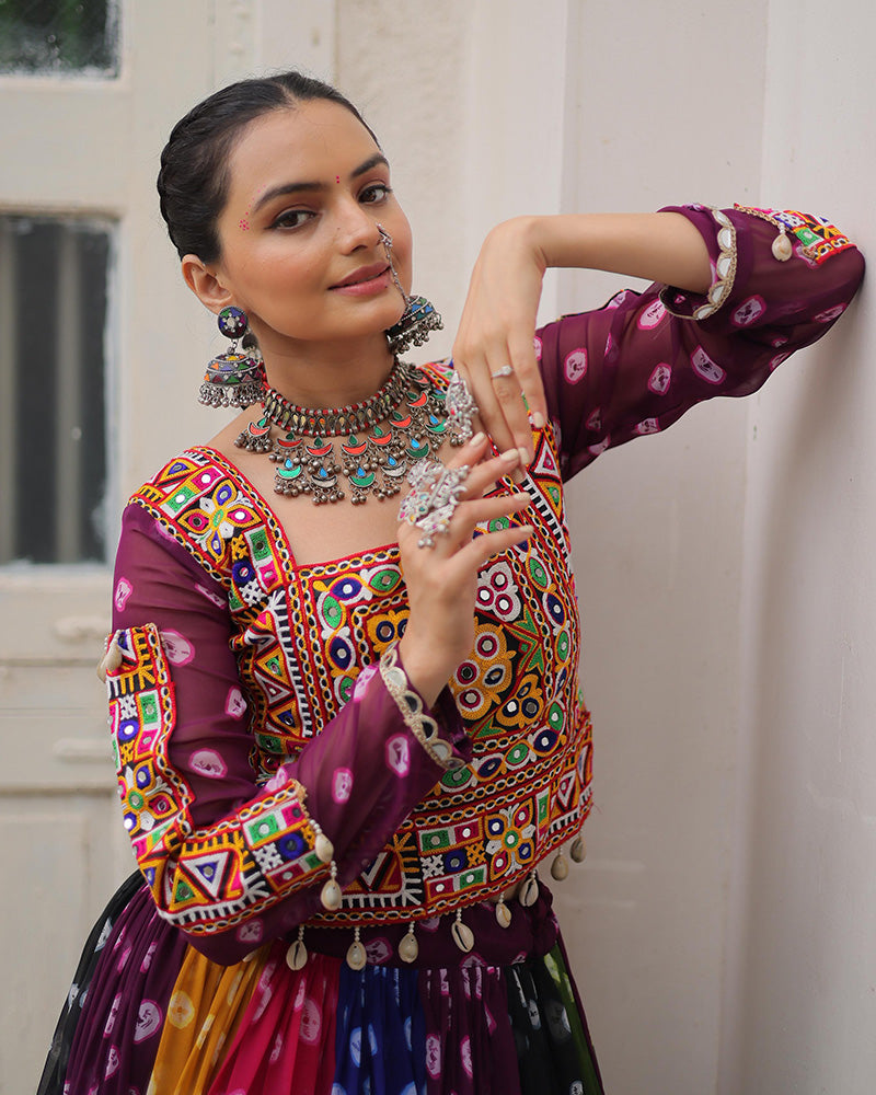 Multi Color Georgette Bandhani Print Navratri Lehenga Choli - ETHNICDEAL