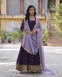 Dark Purple Color Floor Length Gown With Embroidered Dupatta - ETHNICDEAL