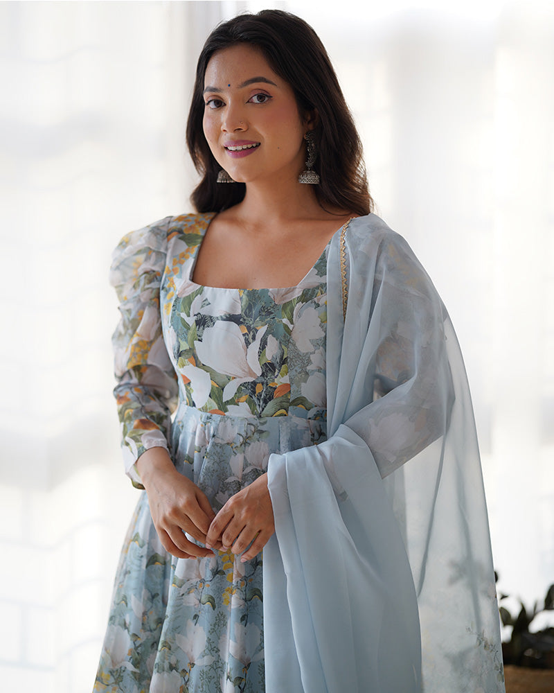 Green Color Pure Soft Organza Three Piece Anarkali Suit - ETHNICDEAL