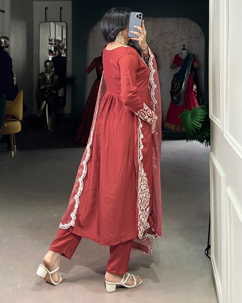 Rust Orange Color Maska Cotton Three Piece Kurti Suit - ETHNICDEAL