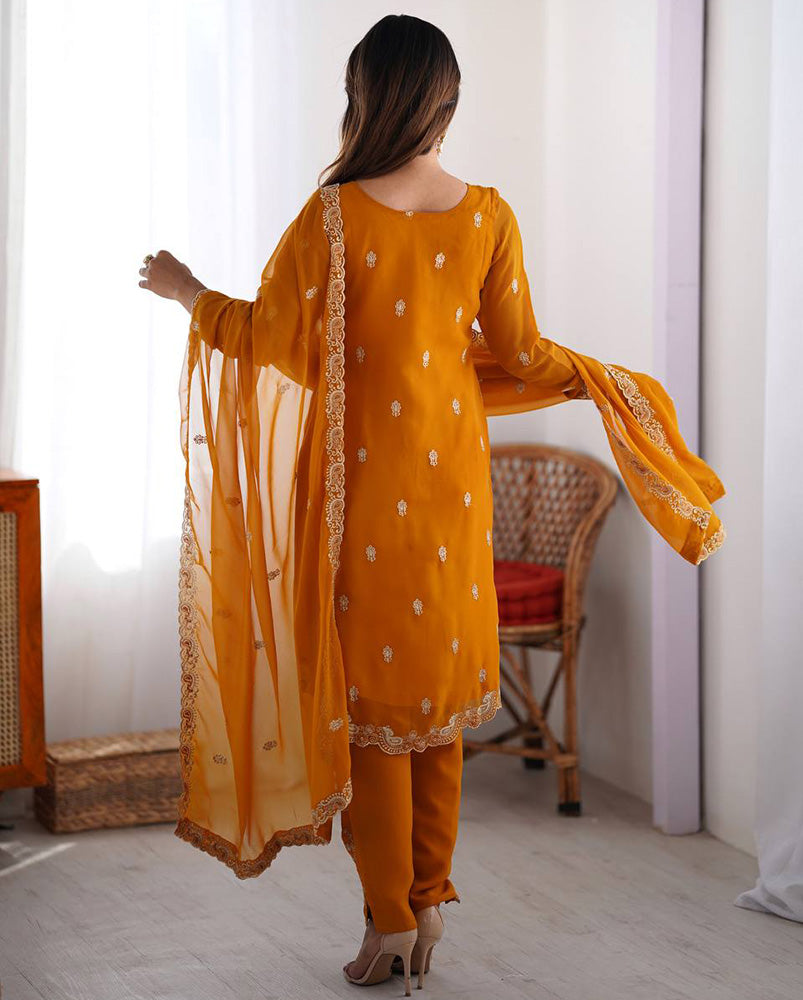 Yellow Color Faux Georgette Three Piece Kurti Suit - ETHNICDEAL